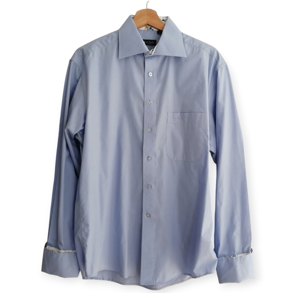 Paul Smith Men's Dress Shirt Blue with Floral Lined French Cuffs 16 Neck 32/33